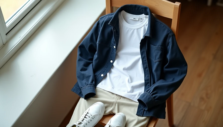 Relaxed young clean outfit on chair showing modern layering for guys in their 20s