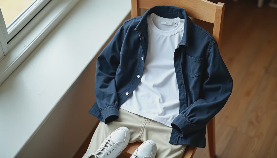 Relaxed young clean outfit on chair showing modern layering for guys in their 20s