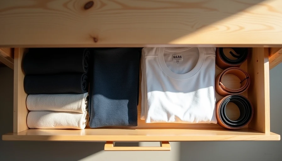 Organized drawer with rolled socks, folded tees and belts showing practical menswear storage and basics