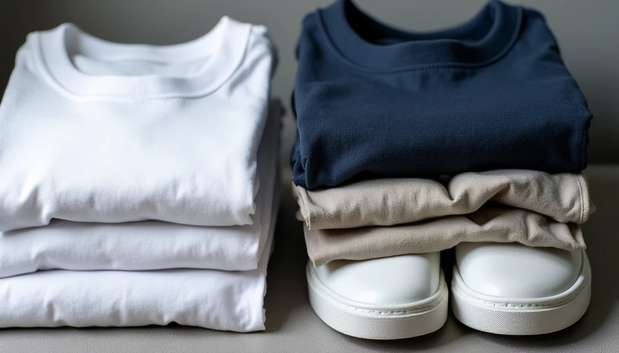 Organized closet shelf with clean folded tees, overshirt and chinos representing better style habits