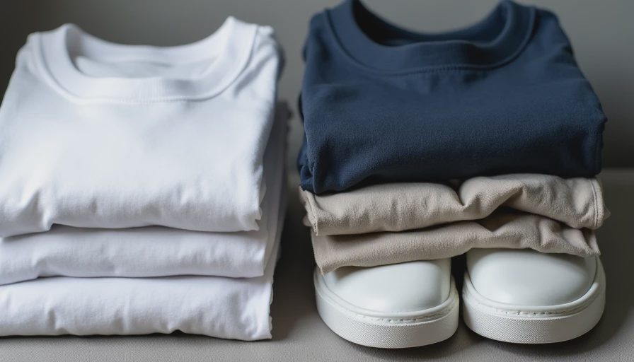 Organized closet shelf with clean folded tees, overshirt and chinos representing better style habits