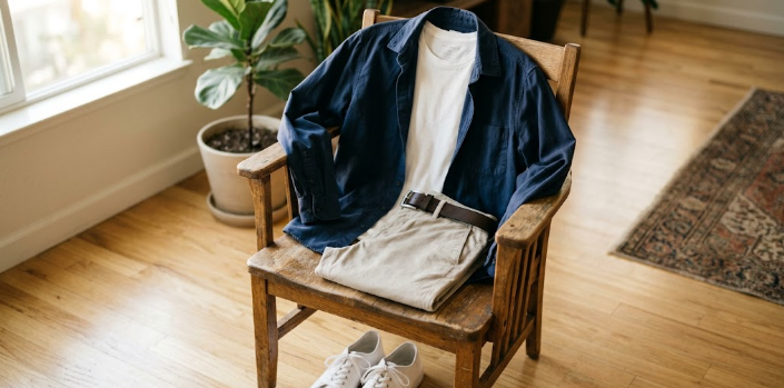 Complete casual date outfit on chair ready to wear - layered shirts with chinos and sneakers