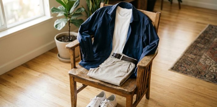 Complete casual date outfit on chair ready to wear - layered shirts with chinos and sneakers