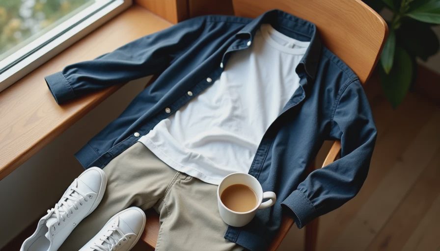 Relaxed coffee shop ready outfit laid out on chair with natural morning light