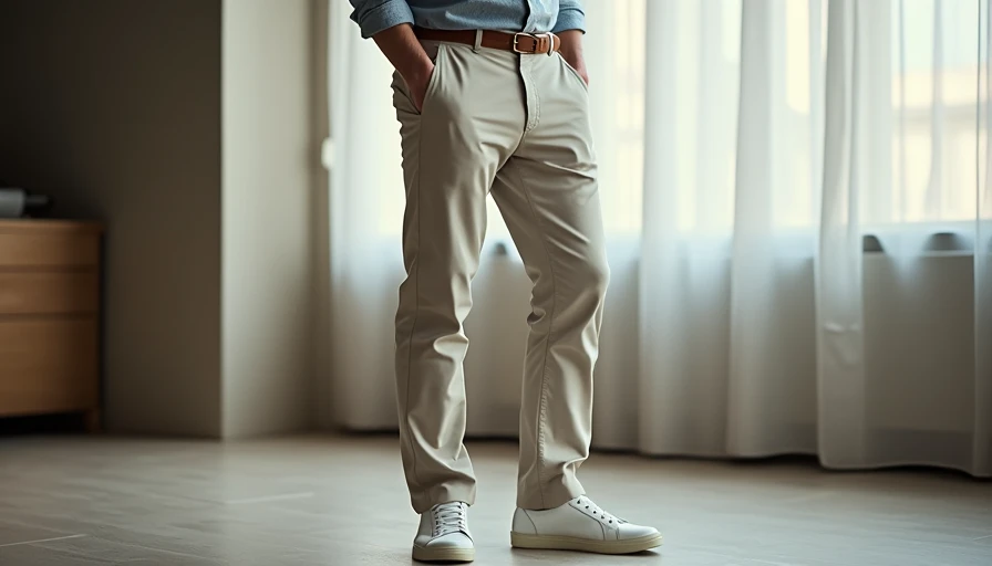 Side view of well-fitted chinos showing clean hem break and sharp silhouette with white sneakers