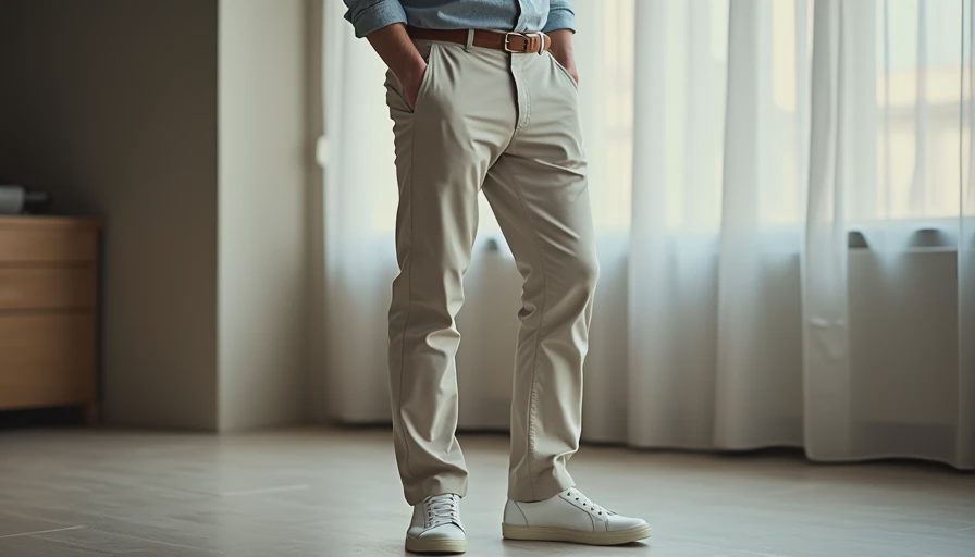Side view of well-fitted chinos showing clean hem break and sharp silhouette with white sneakers