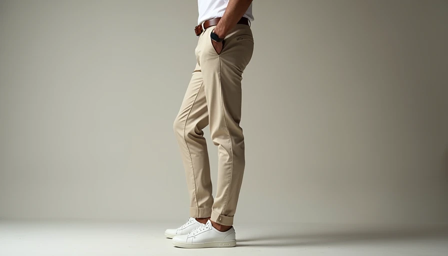 Side view of well-styled white sneakers with proper pant break and clean silhouette