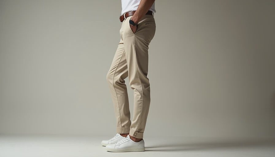 Side view of well-styled white sneakers with proper pant break and clean silhouette