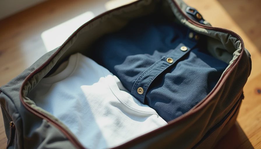 Open travel bag showing coordinated outfits for a short trip
