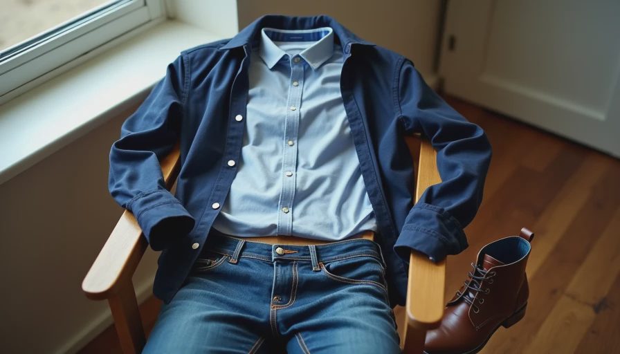 Night out layering with navy overshirt over oxford shirt and dark jeans