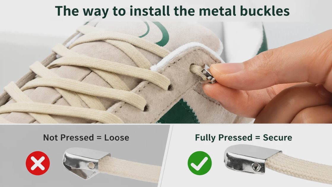 Correct installation of metal buckle locks for no tie laces showing loose versus fully pressed secure state.