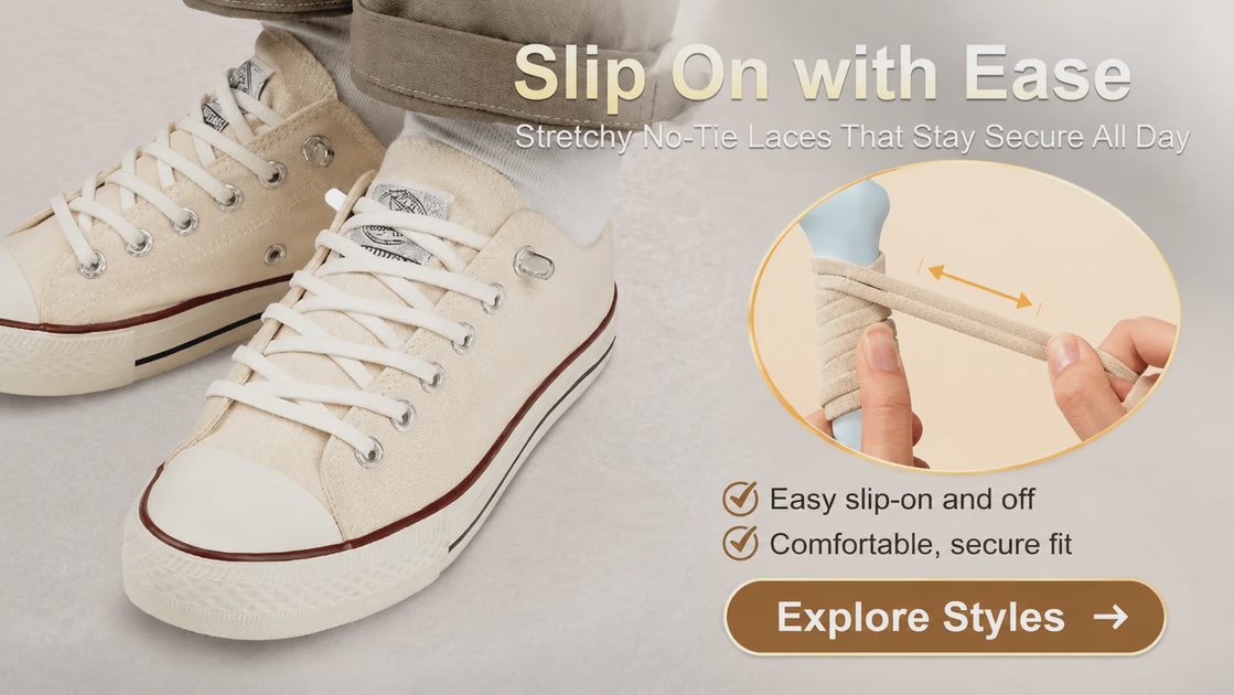 Stretchy no-tie laces on cream canvas sneakers featuring Explore Styles shop button.