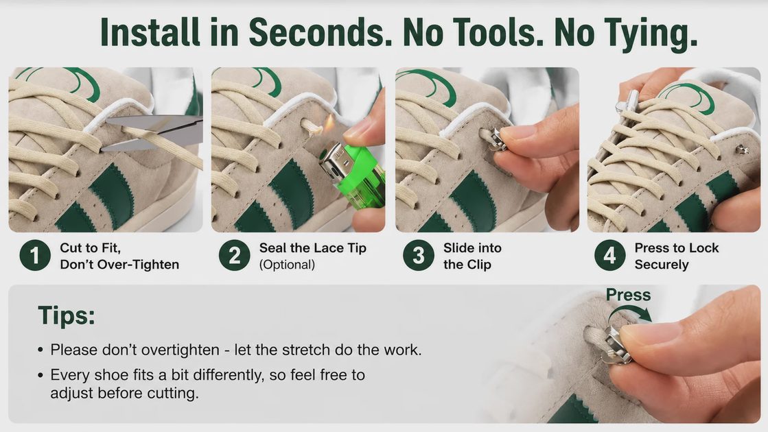 How to install no-tie elastic shoelaces step by step guide using metal locking clips.