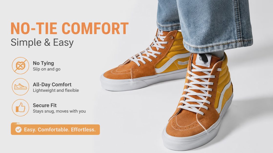 No-tie elastic shoelaces installed on high-top sneakers for easy slip-on comfort.